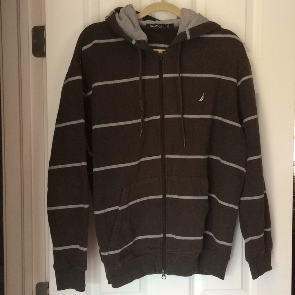 Nautica - Brown Hoodie with Gray Stripes (Size L) - Picture 2 of 4